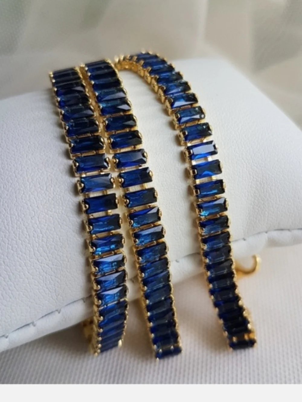 Swarovski Elements Gold Sapphire Blue Emerald-cut Baguette Tennis Necklace NEW